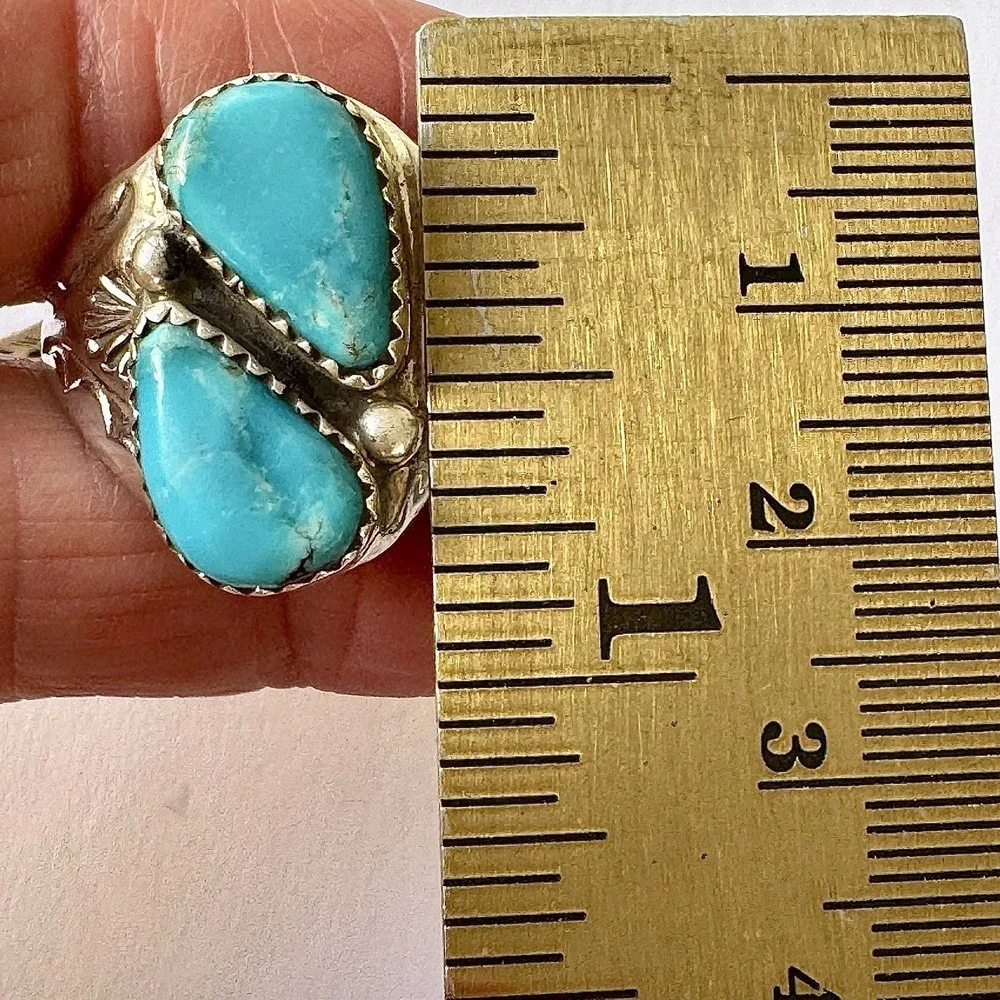 Mens Turquoise Navajo Band Sz 12.5 Two Stone Ring 21mm Signed ML Handmade Native